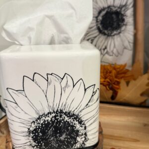 Fall- White Tissue Box Holder with Black Trim and Inked Sunflower Design with shipping included