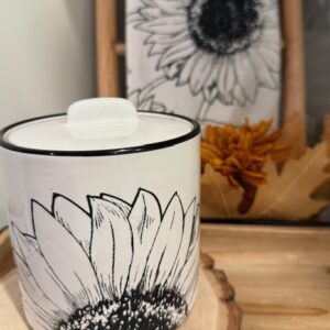 Fall- White Canister with Black Trim With Inked Sunflower Design includes shipping