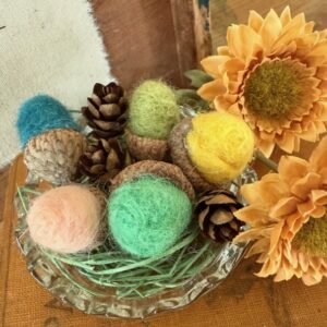 Fall-Handmade Felted Acorns in Crystal Dish with Shipping Included